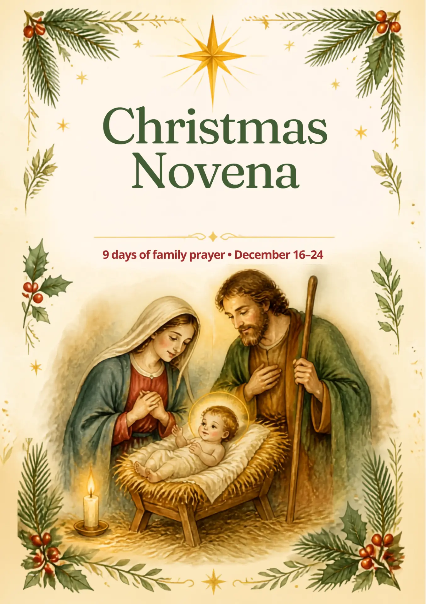 Christmas Novena illustrated cover — the Holy Family by the manger